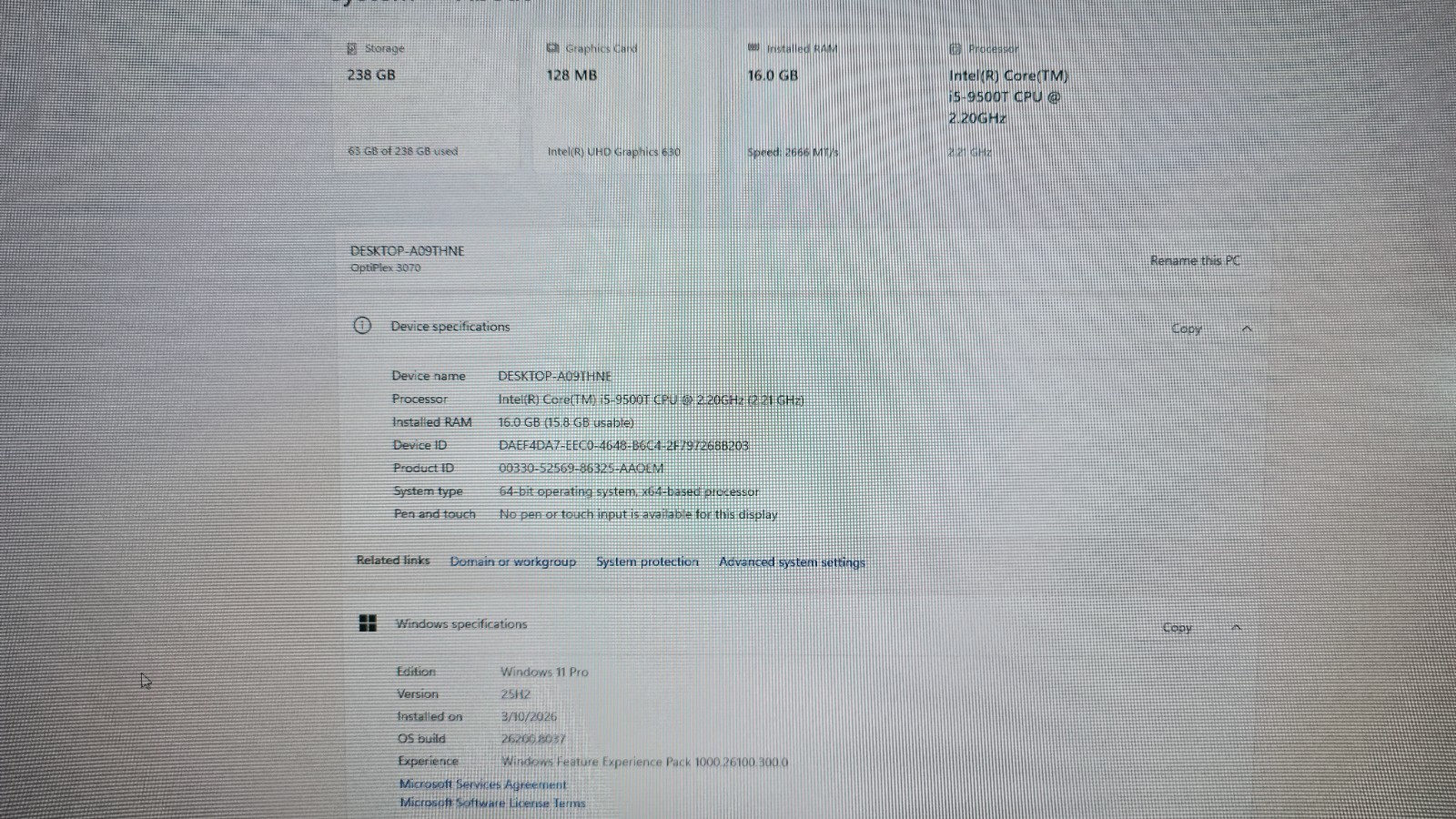 Dell Optiplex 3070 (256GB SSD, i5-9500T, 2.2GHz, 16GB, Intel UHD Graphics 630)