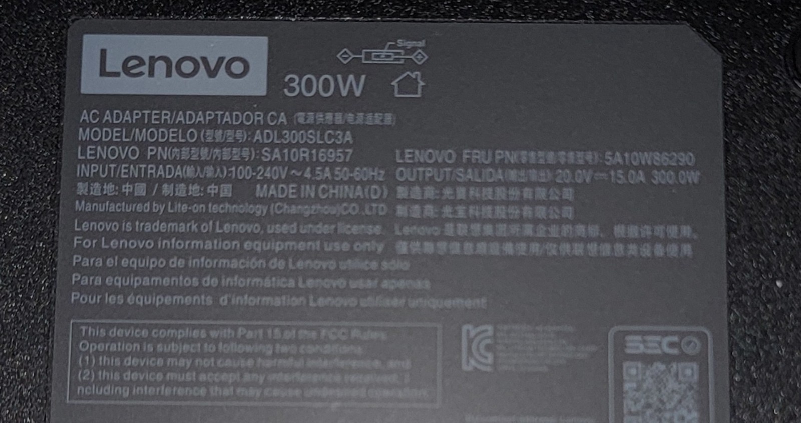 ORIGINAL OEM LENOVO® ADL300SCC3A SLIM 20V 15A 300W AC ADAPTER/CHARGER