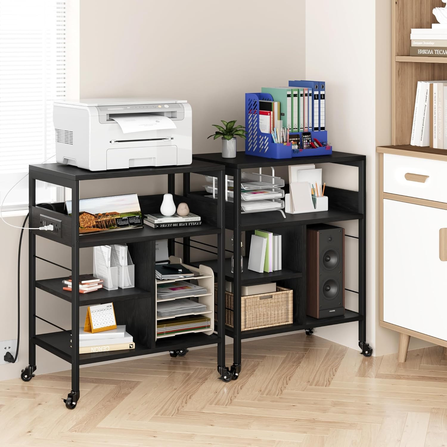 Printer Stand with Power Outlets and USB Charging Ports, Large Printer Table wit