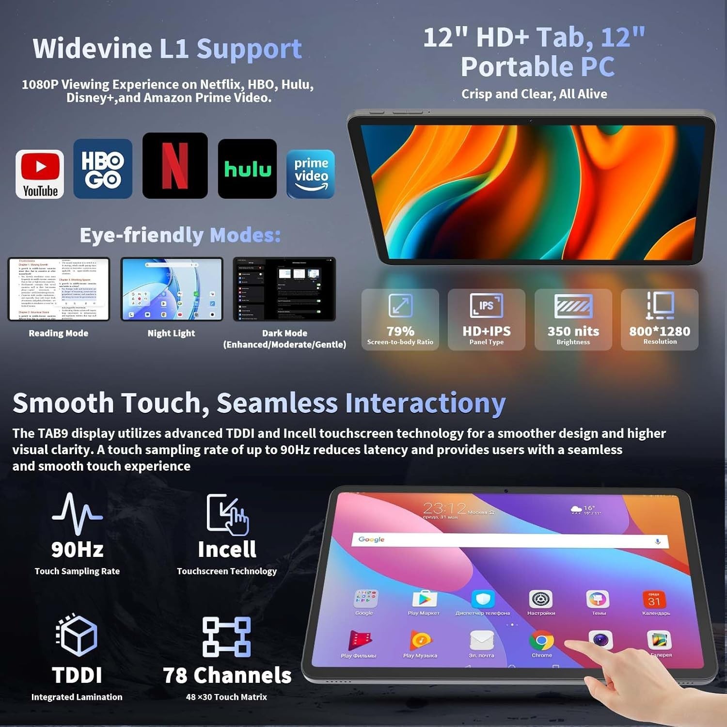 Relndoo Android 15 Tablet PC Silver 12″ LCD 24GB+256GB+2TB Expandable Octa-Core