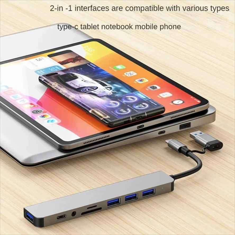 8-in-2 USB C Hub Dock SD TF Card Reader USB 3.0 Splitter Adapter for Laptop PC