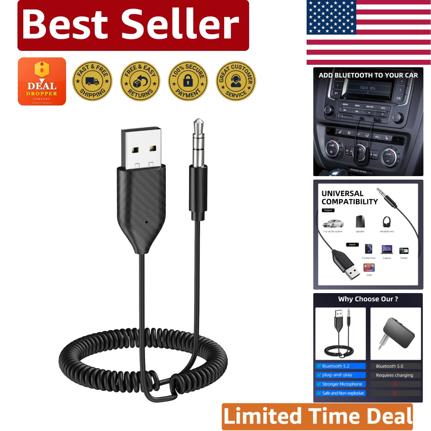 Bluetooth 5.2 Aux Adapter with Microphone – Hands-Free Music Streaming & Calls