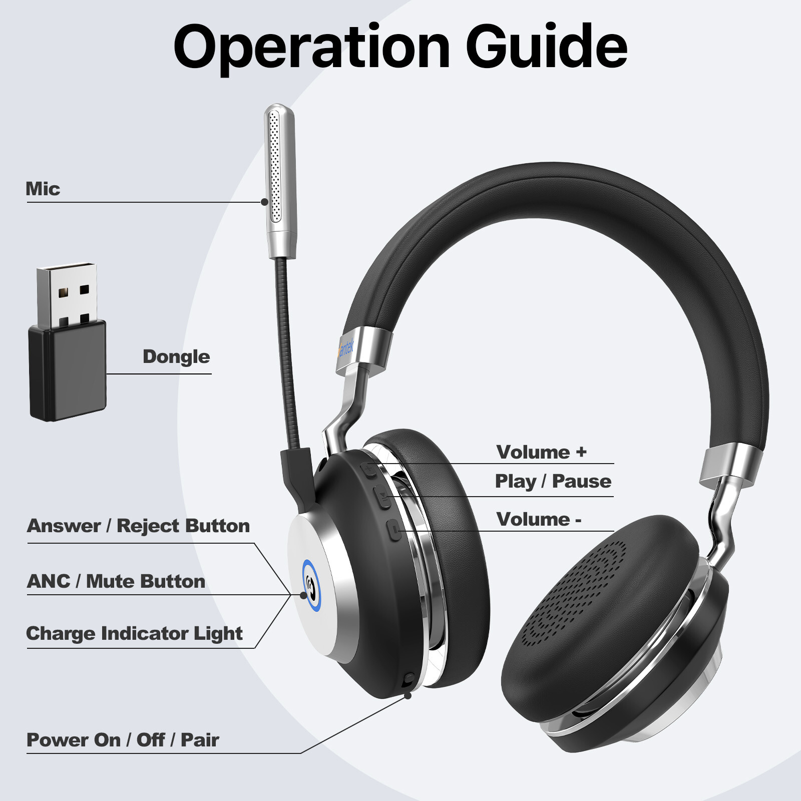 Wantek Wireless Headset with Microphone USB-dong Bluetooth Earphone for PC/Phone