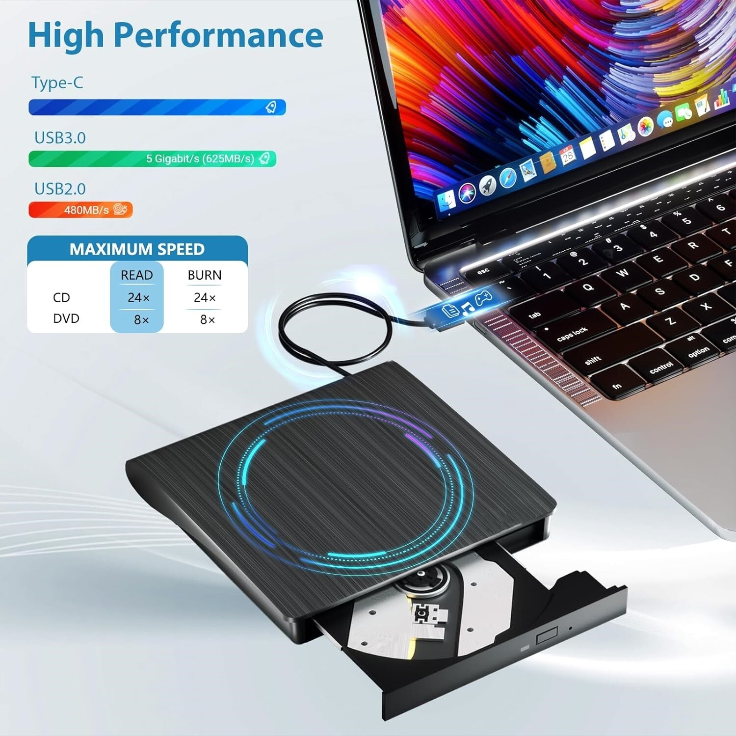 2024 External CD DVD RW Drive USB 3.0 Writer Burner Player Black For Laptop PC
