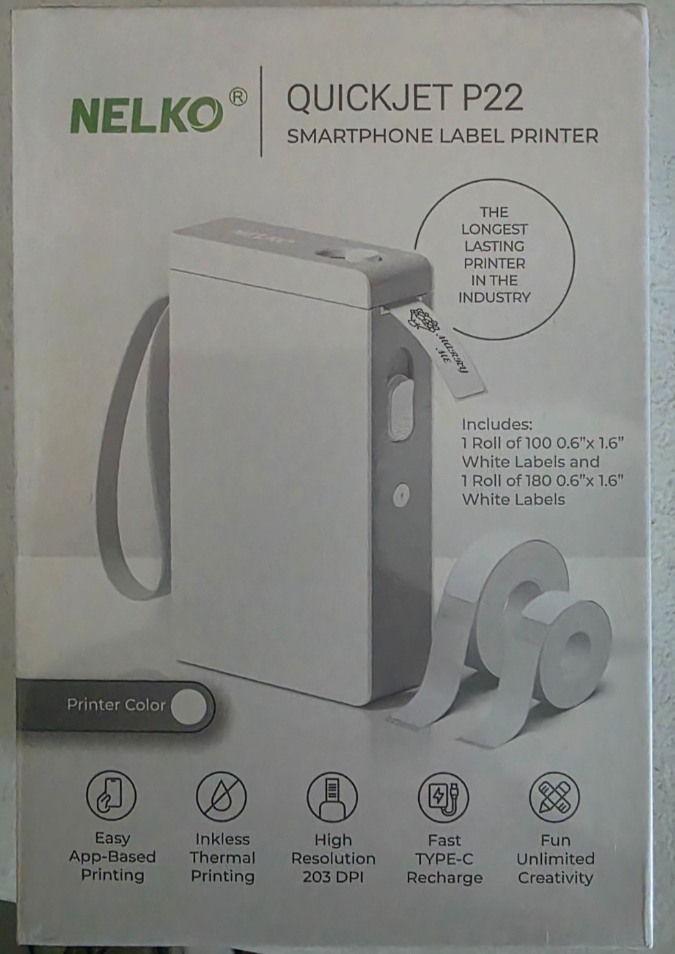 Nelko Quickjet P22 Smartphone Label Printer White with 2 Rolls New