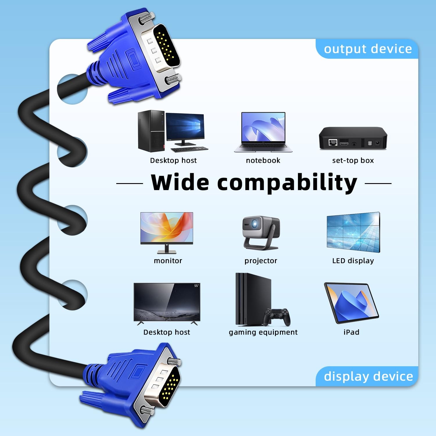 4 PCS 5FT HD15 VGA Male To Male Cable For TV Computer Monitor Blue Plug