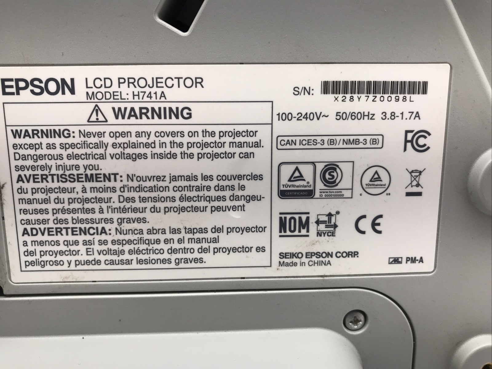 Epson BrightLink 685Wi Ultra Short Throw Projector H741A Missing Panel FOR PARTS
