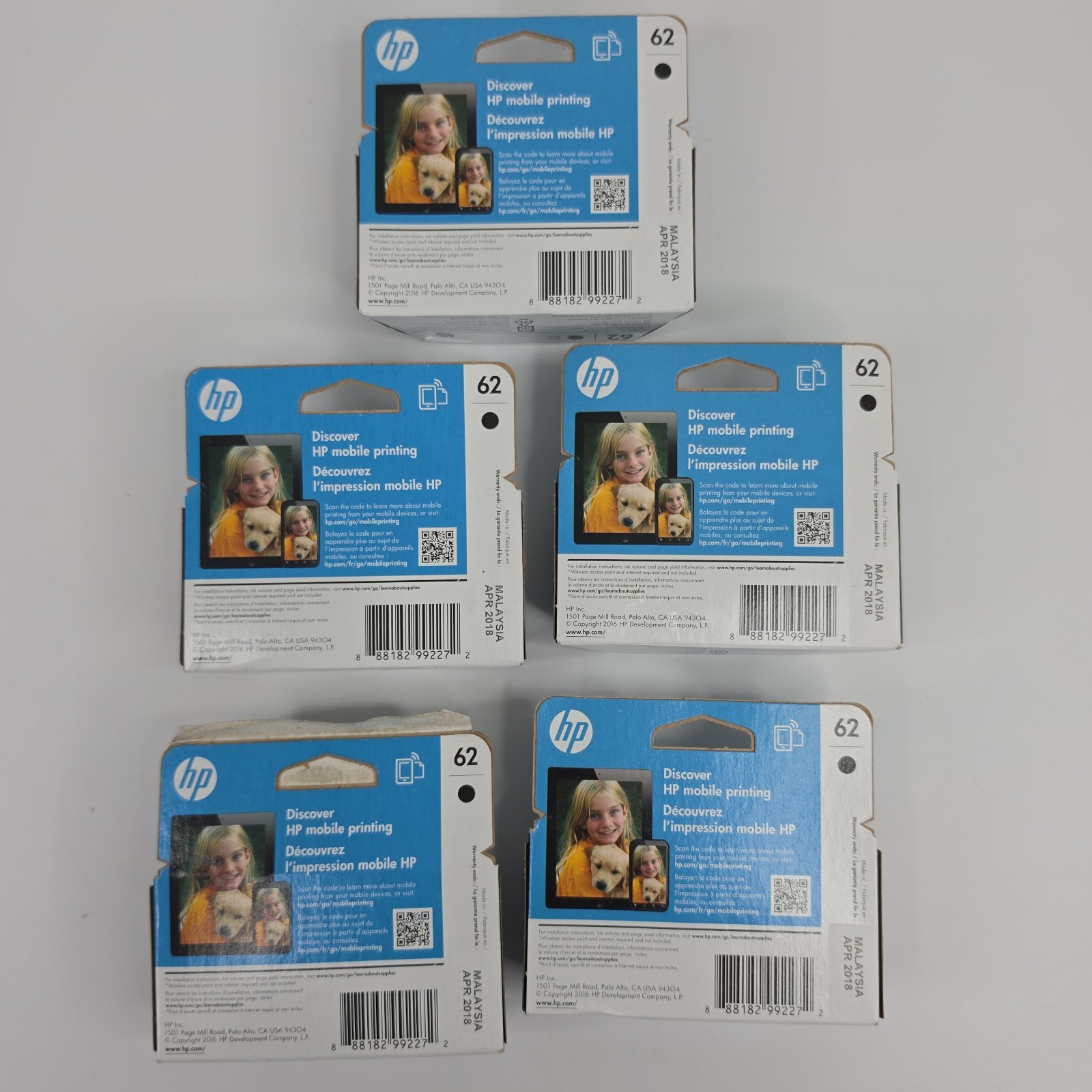 GENUINE HP 62 Black (5) & Tri-Color (4) Ink Cartridges Total Of (9) 2018 NEW