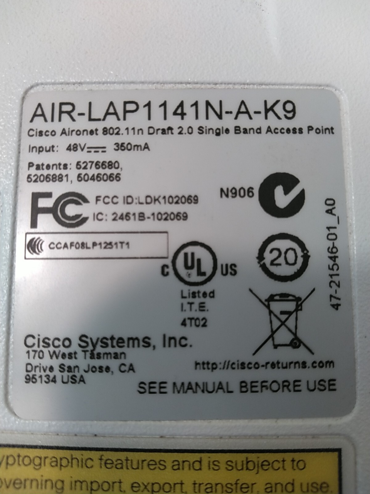 Cisco AIR-LAP1141N-A-K9 Single-Band Controller-based Wireless Access Point PoE