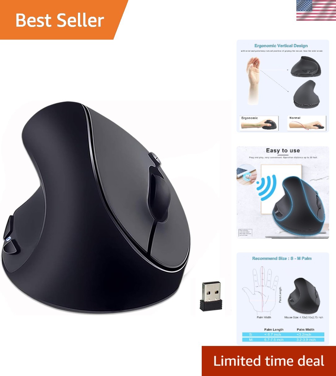 Left-Handed Mouse,2.4GHz Ergonomic Vertical DPI 800/1200/1600 Wireless Mouse …