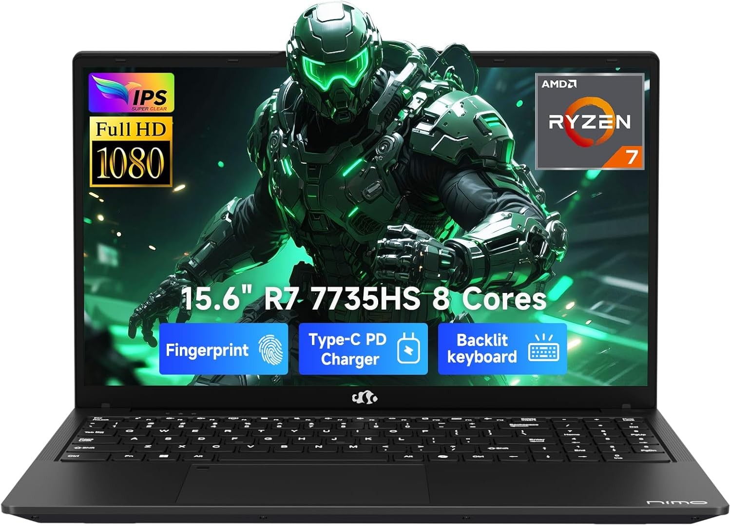 NIMO Gaming Laptop 15.6″ FHD Laptop with AMD R7 7735HS 16GB DDR5 RAM 512GB SSD