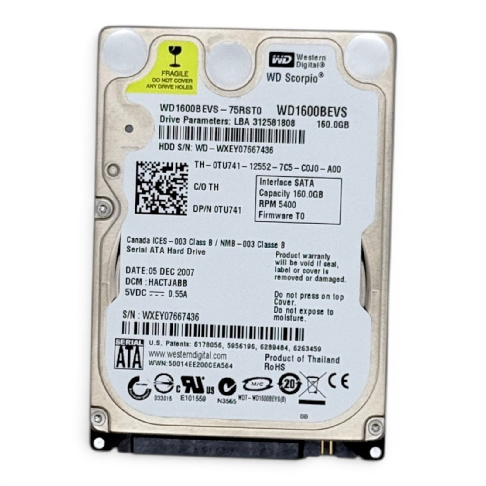 Western Digital WD1600BEVS 160GB 2.5in SATA Laptop HDD 5400RPM Dell 0TU741