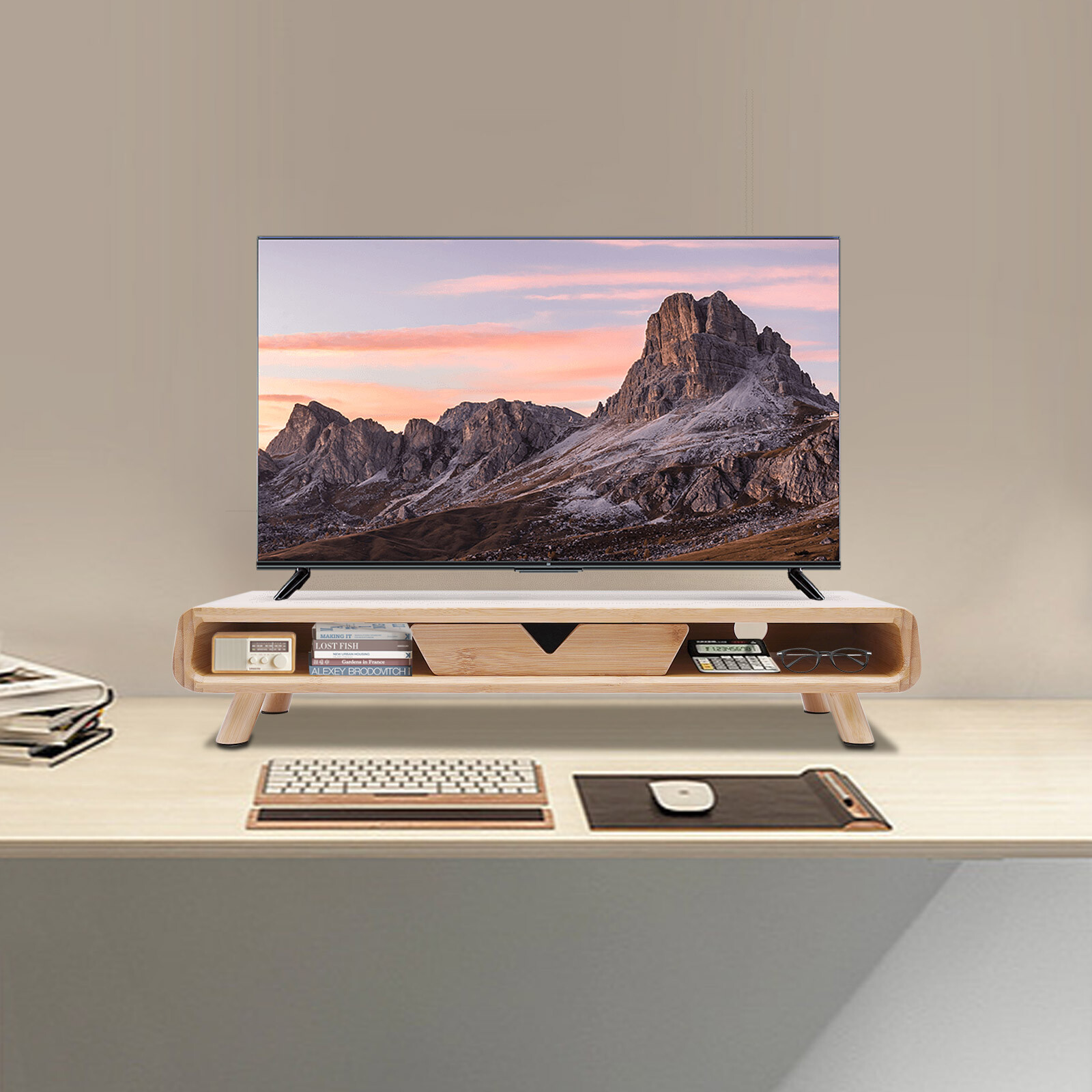Bamboo Monitor Stand With Drawer & Back Baffle 4.5in Height Riser