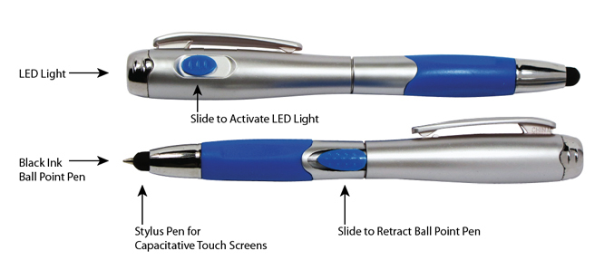 5pk 3-in-1 Stylus Pen Capacitive Touch Screen + LED Flashlight + Ballpoint Pen