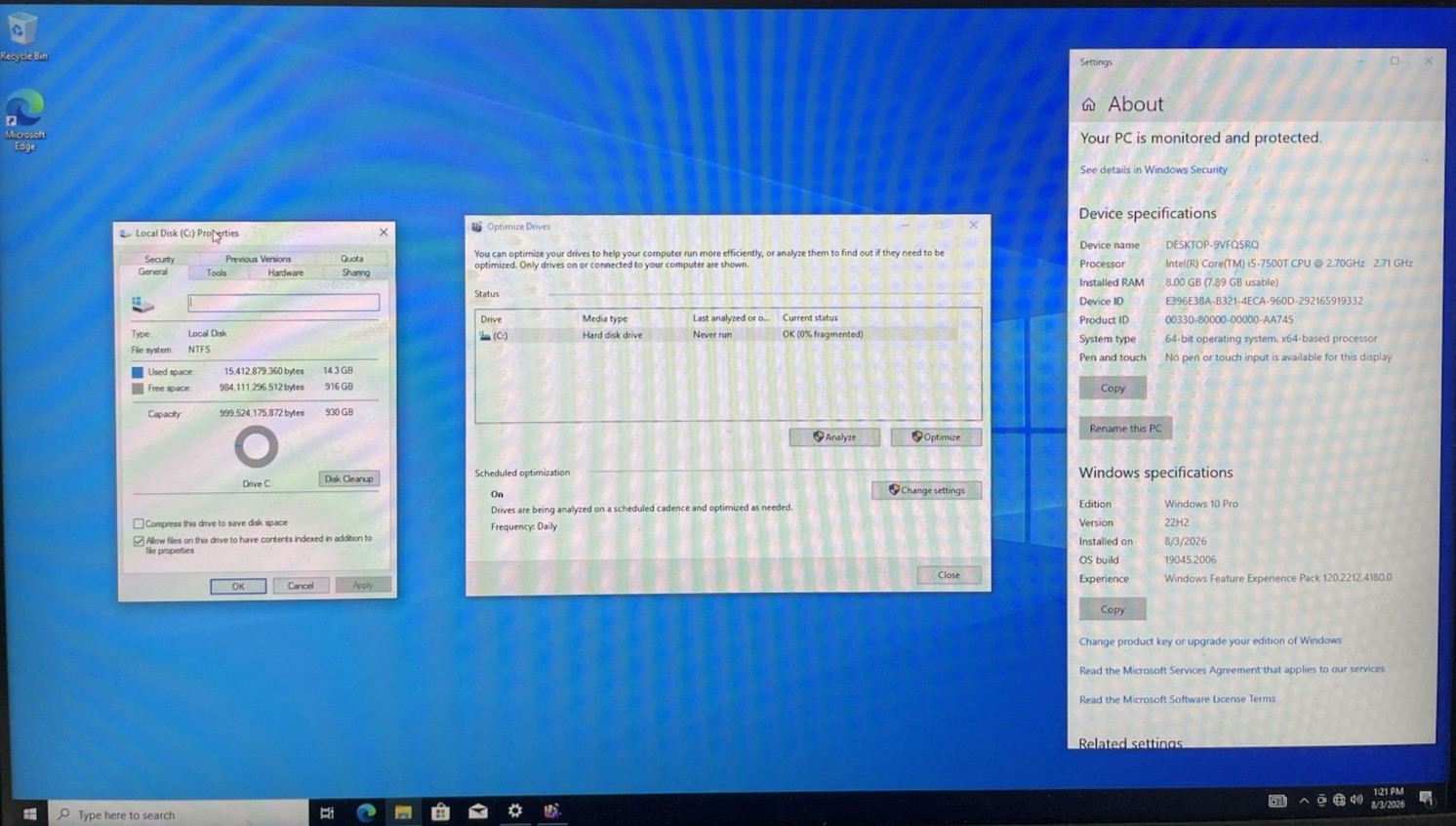 Lenovo ThinkCentre M710q Intel Core i5-7500T@2.70GHz 8GB RAM 1TB HDD WIN 10P