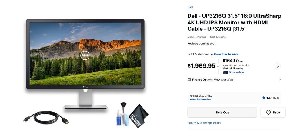Dell UP3216Q 32″ 4K IPS LED Monitor Ultra HD Widescreen HDMI USB 3.0 16:9 06XF0D