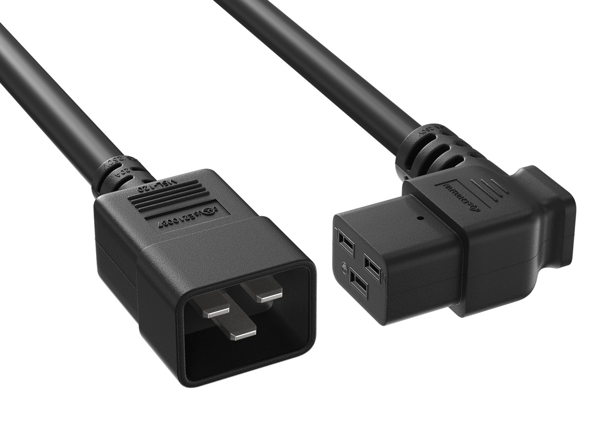 3ft C20 to Right Angle C19 Power Cord 12AWG 20A/250V SJT UL, Black