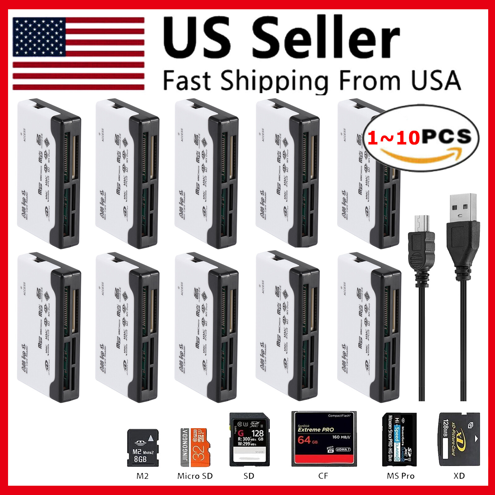 1-10 Pcs USB 3.0 Card Reader Adapter 5GBPS Fit For CF/TF/SD/M2/MS/XD Card Laptop