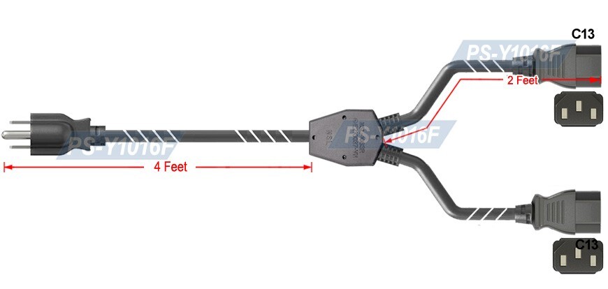 6-Feet AC Outlet To Universal Power Splitter Cord – NEMA 5-15P To IEC320 C13 x 2