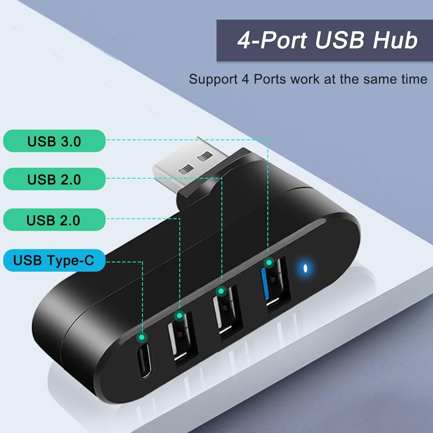 USB Hub 4 Port USB 3.0 Splitter Rotatable Adapter for Laptop