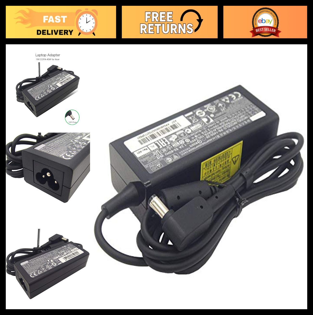 45W 19V 2.37A Laptop AC Adapter Charger Power Supply 5.5mm x 1.7mm Connector