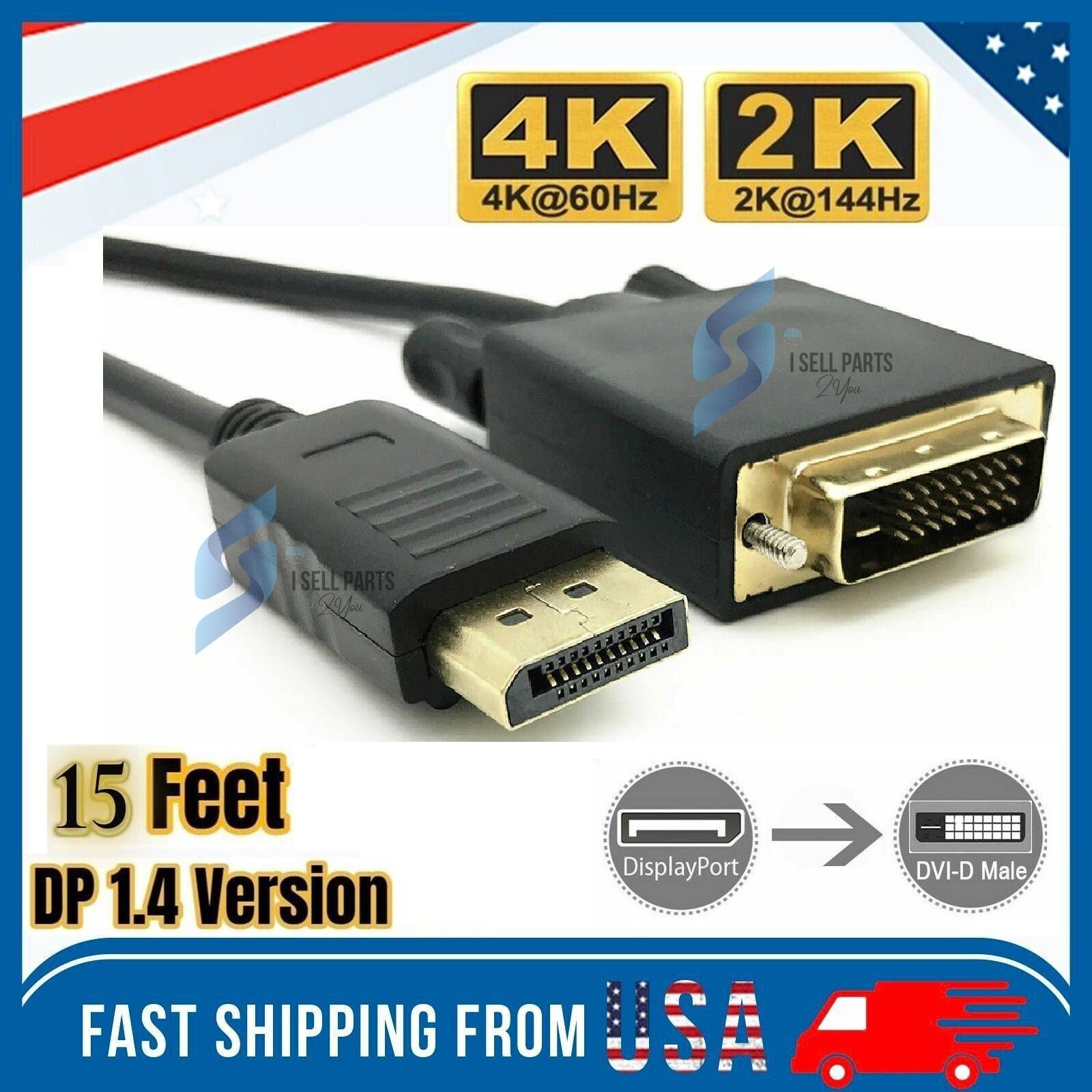 15 Feet Gold Plated DisplayPort DP to DVI-D Male Dual Link Cable Adapter 1080p