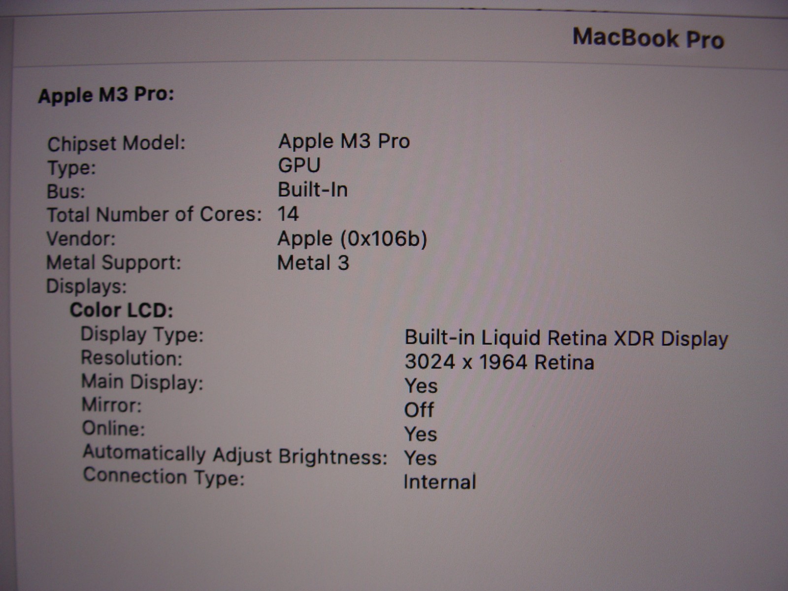 Apple Macbook Pro A2992 2023 14″ M3 Pro 11CPU/14GPU 4.05GHz 18GB 512GB 100% Batt