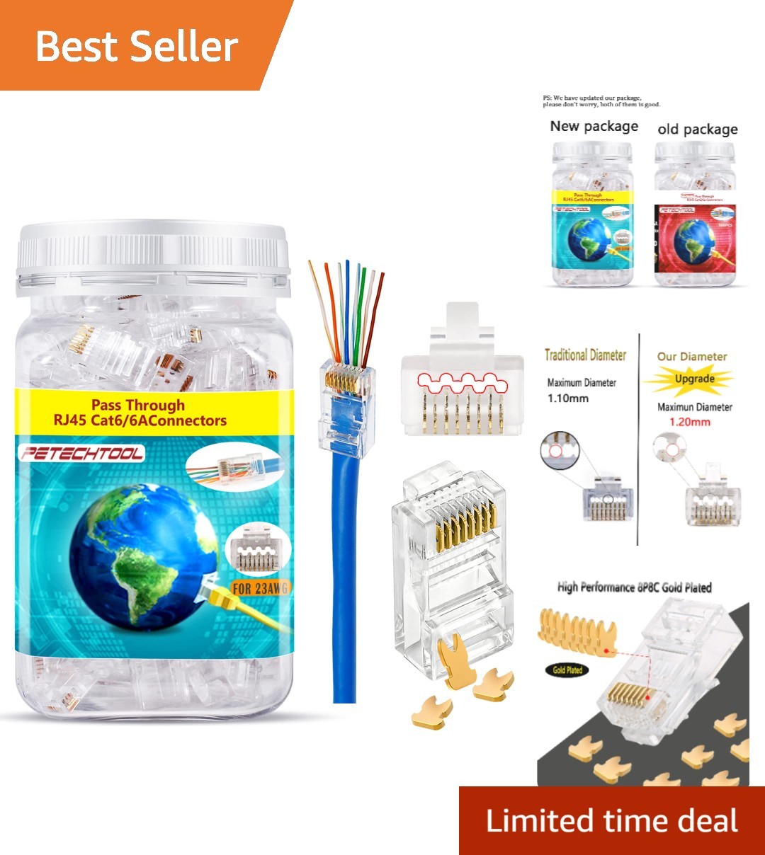 100Pcs Gold-Plated RJ45 Cat6a Pass Through Connectors – Custom Ethernet Cables