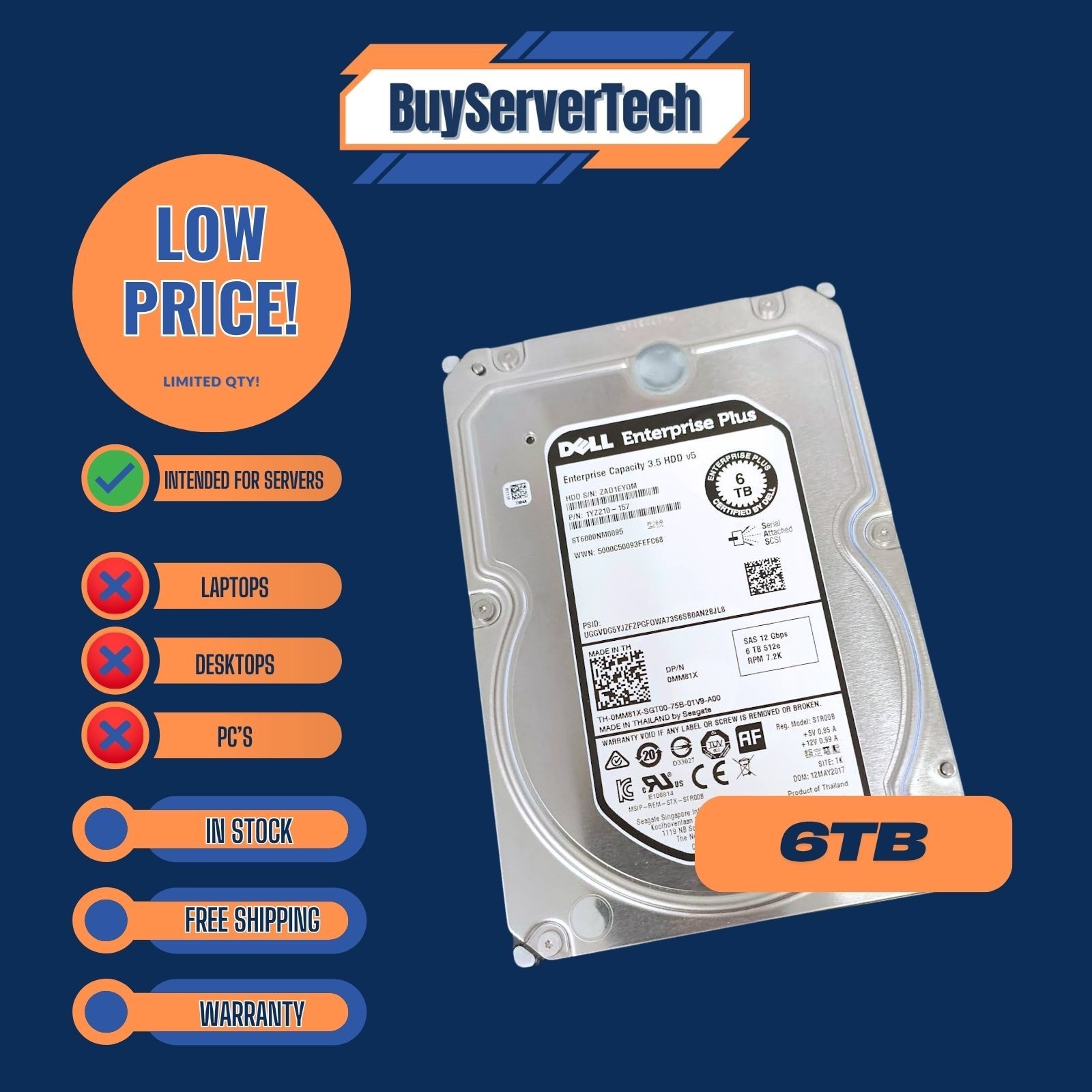 Dell 0MM81X 6TB Internal 7.2K RPM SAS 12Gbps 3.5” (ST6000NM0095) Hard Drive