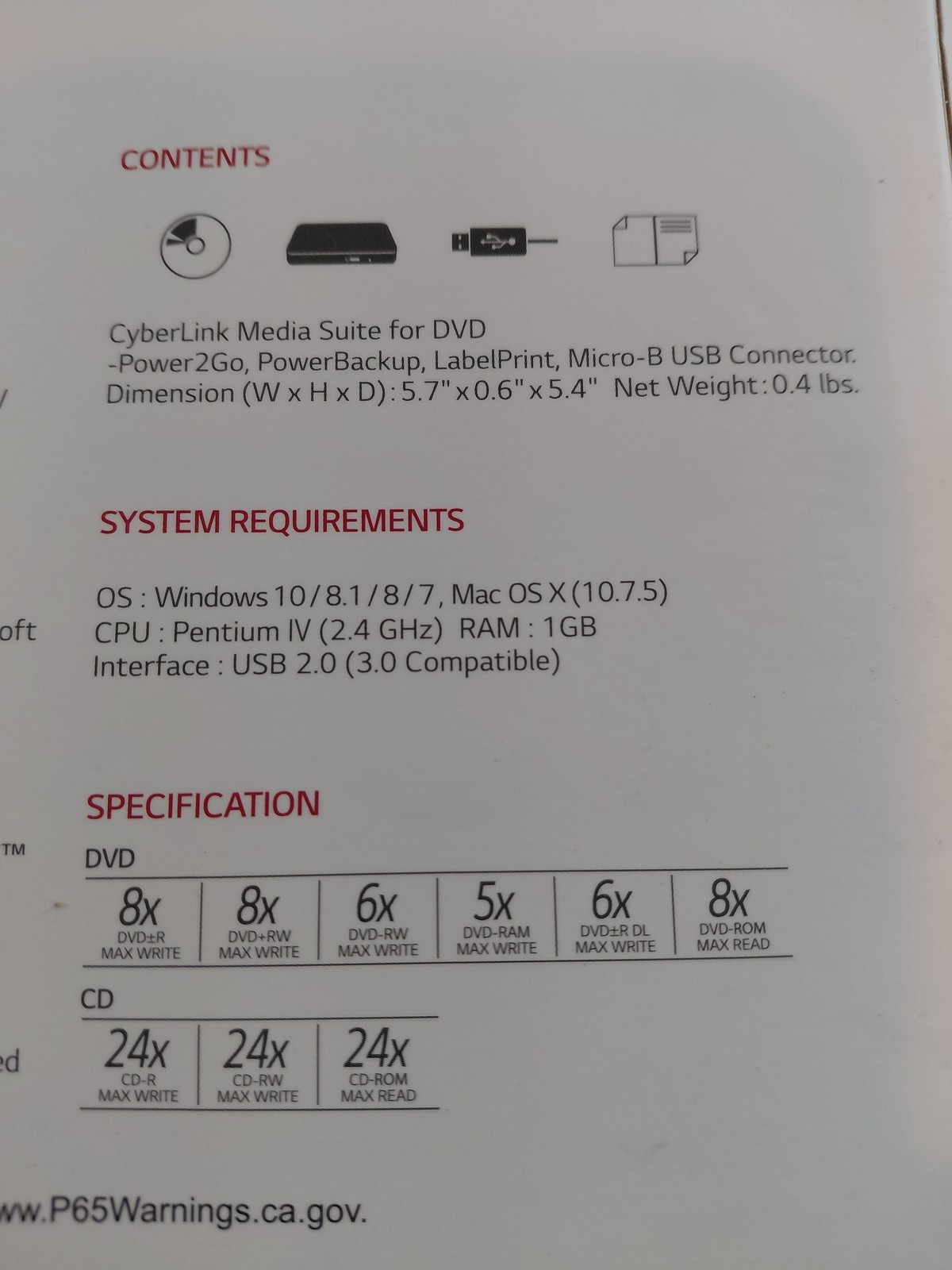 LG Ultra Slim Portable DVD Writer SP80ONB80 USB External for Mac & Windows