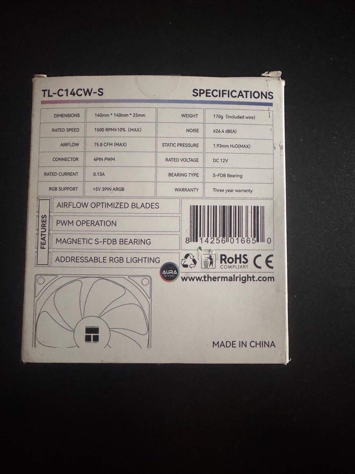 Thermalright TL-C14CW-S 140mm White ARGB PWM Case Fan 4-Pin 1500RPM