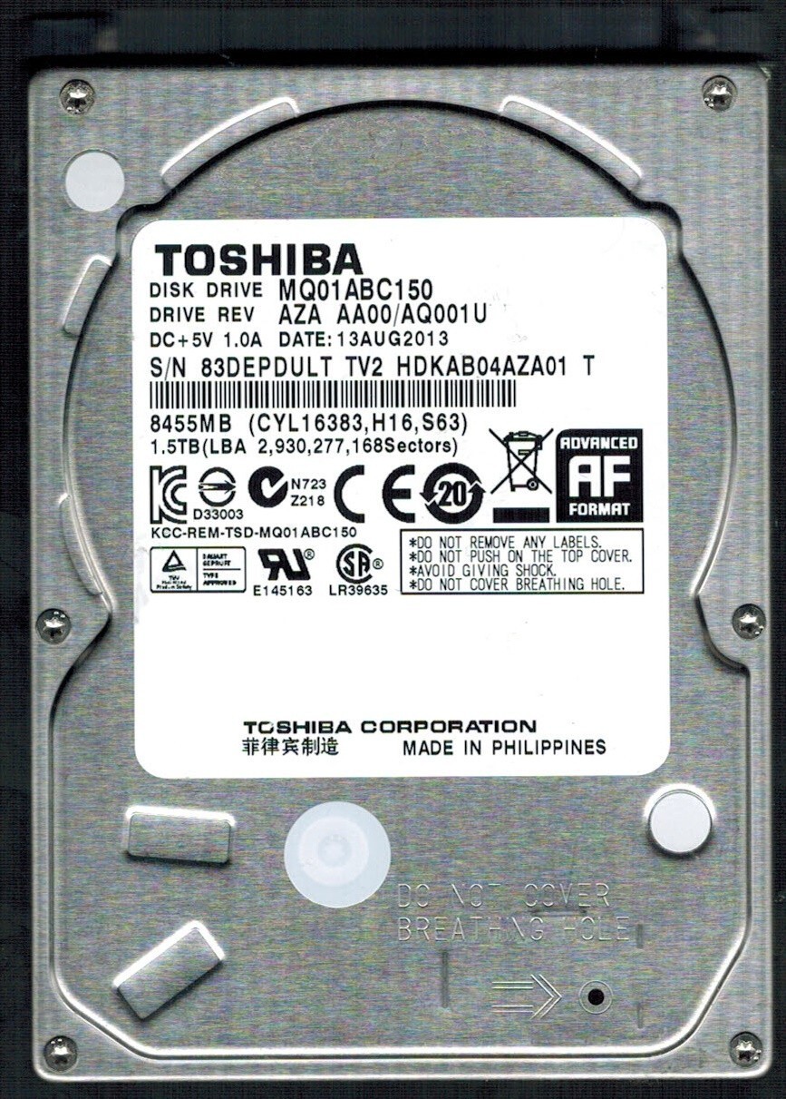 MQ01ABC150 HDKAB04AZA01 T REV:AZA AA00/AQ001U 1.5TB AUG 2013 PHILIPPINES TOSHIBA