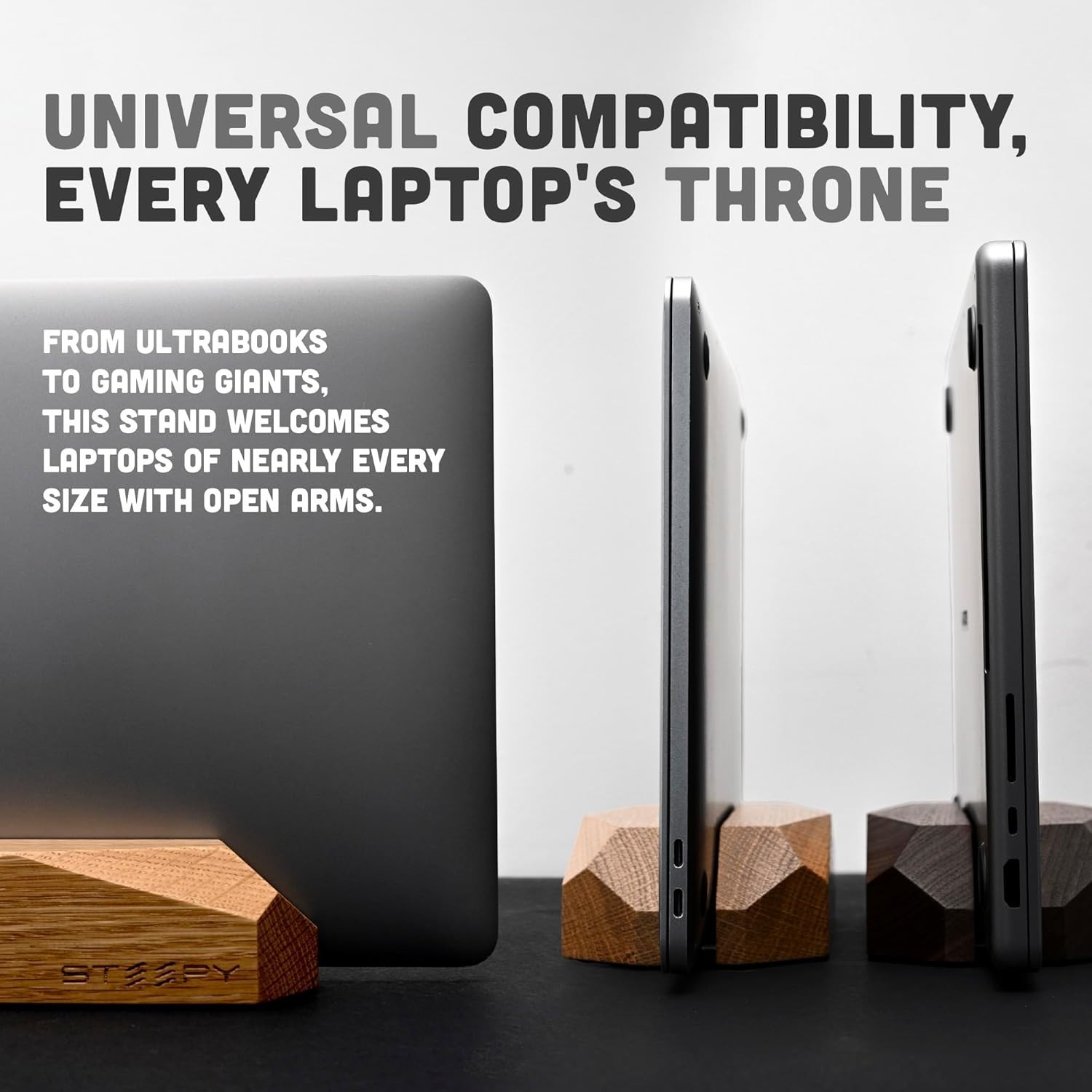 Steepy Vertical Laptop Stand Oak Wood Adjustable Desk Dock MacBook Holder Open B