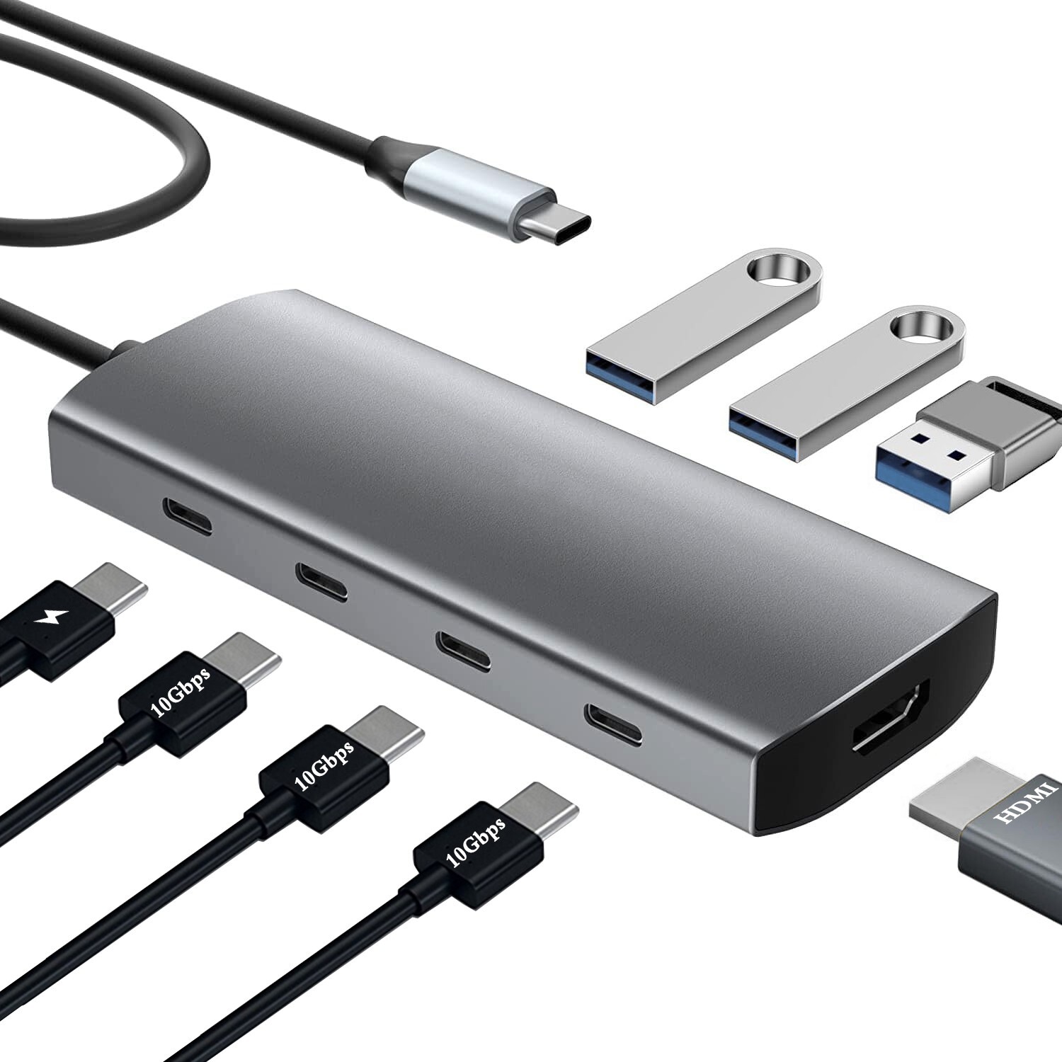 USB C Type C Hub to 3*USB 3.2, 4K@60Hz HDMI, 100W PD, USB 3.0, SD/TF Card Reader