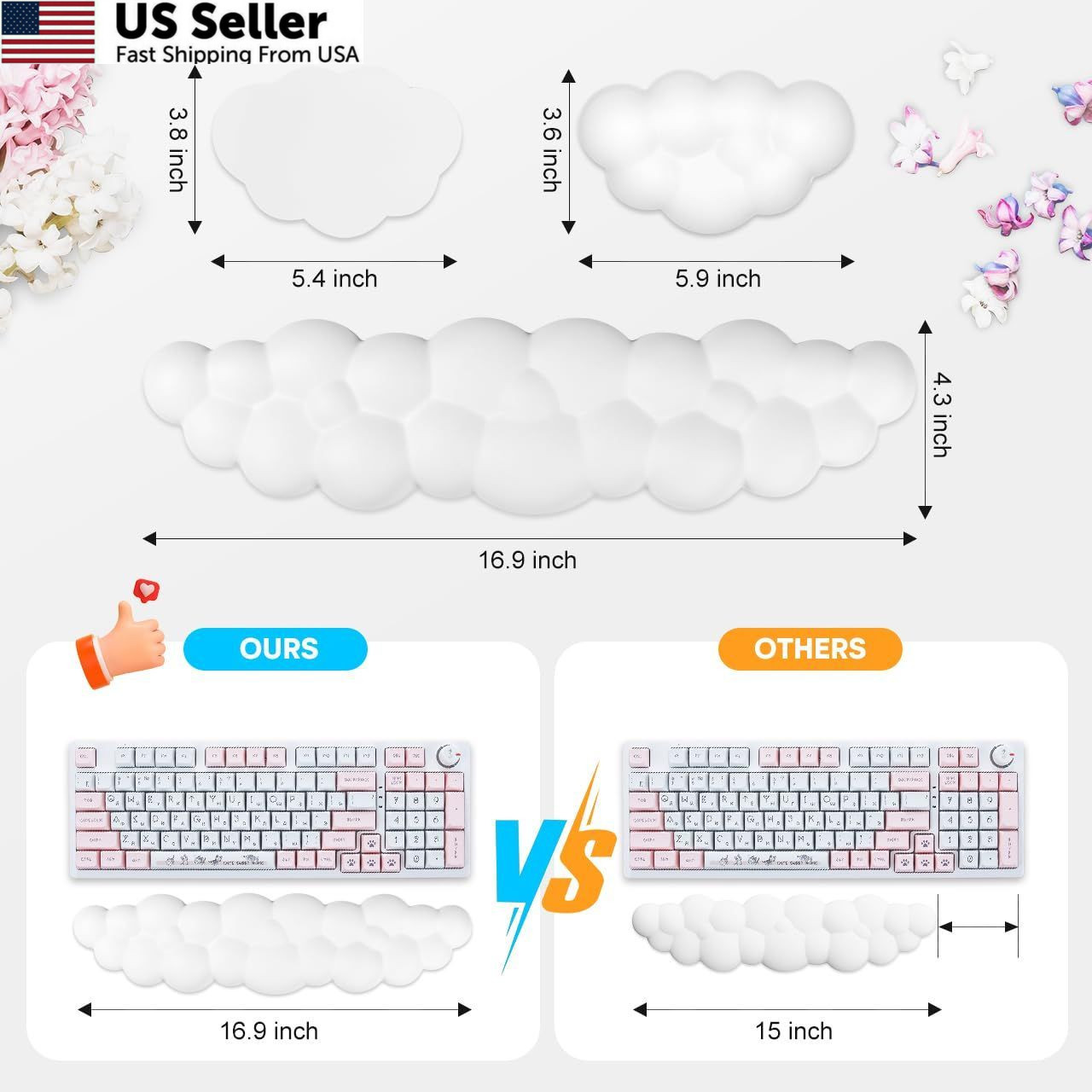 JIKIOU Upgrade Leather Cloud Keyboard Wrist Rest, 16.9×4.3×0.82in, 01white