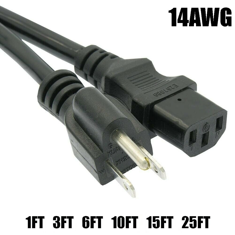 1-25FT 14AWG 3-Conductor NEMA 5-15P to C13 IEC320 PC Monitor AC Power Cord Cable