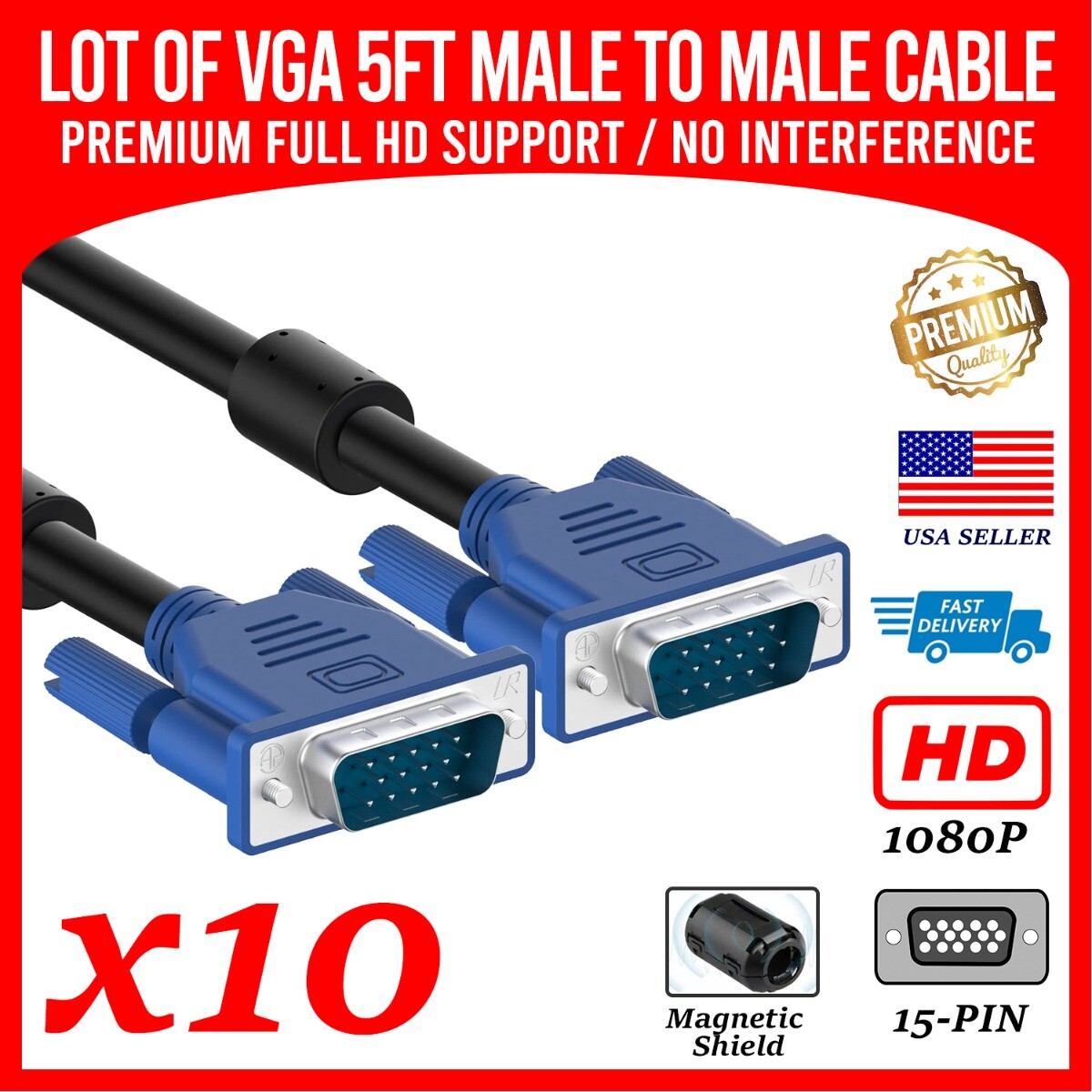 Lot of 10 SVGA VGA Cable 5ft Cord 1920×1080 HD for Monitor Laptop PC Computer