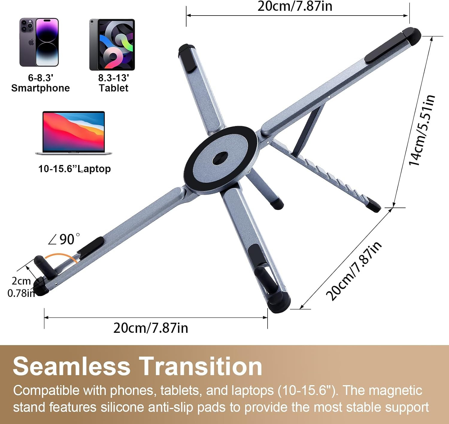 Foldable 3-in-1 Laptop Stand with Magnetic Phone Holder, Ergonomic Design, Silve