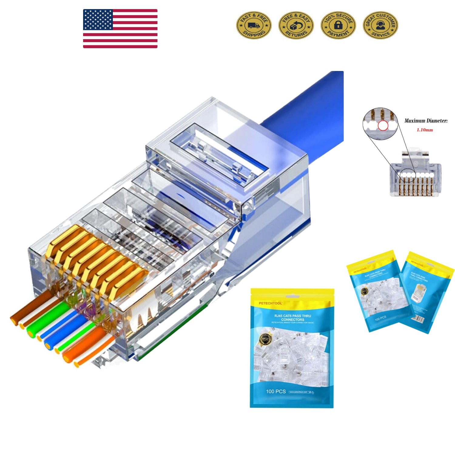 100-Pack Gold Plated RJ45 Cat6 Pass-Through Connectors – 8P8C Ethernet Plugs