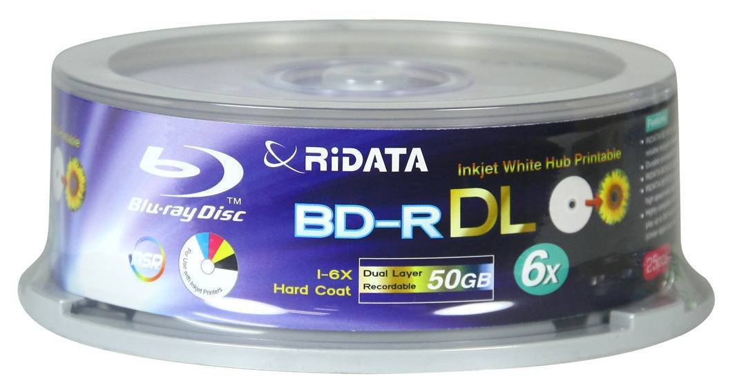 50 RIDATA 6X Blank Blu-Ray BD-R DL Dual Layer 50GB White Inkjet Printable Disc