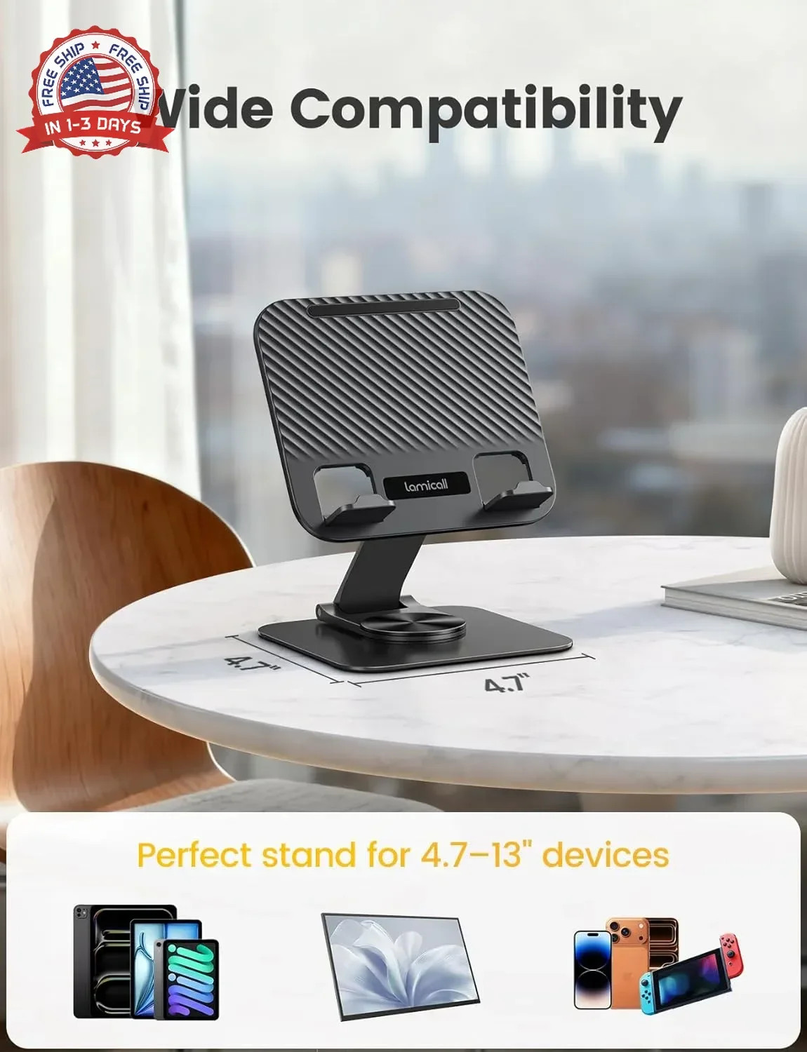 Lamicall Adjustable iPad Stand for Desk – [Ultra-Slim Foldable][360°Rotation] Ta