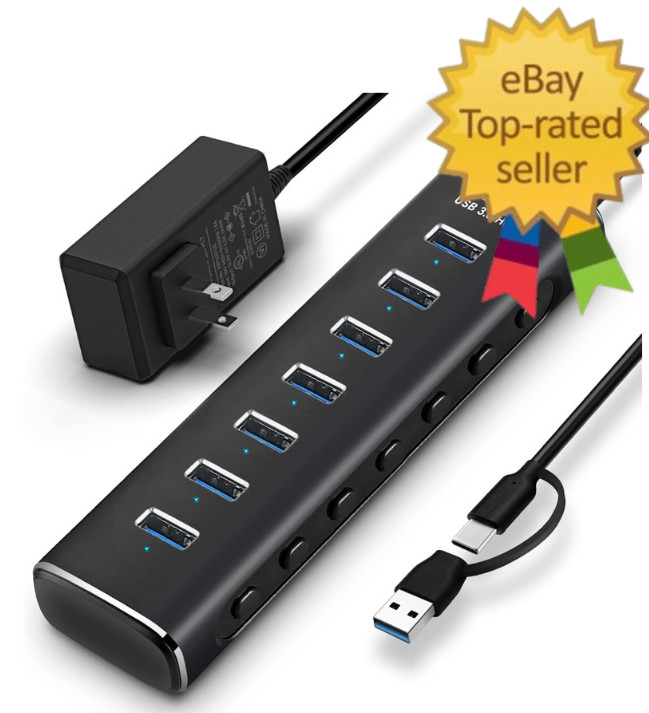 Powered USB 3.0 /USB C Hub, ikuai Aluminium 7-Port USB Hub Splitter with AC Adap
