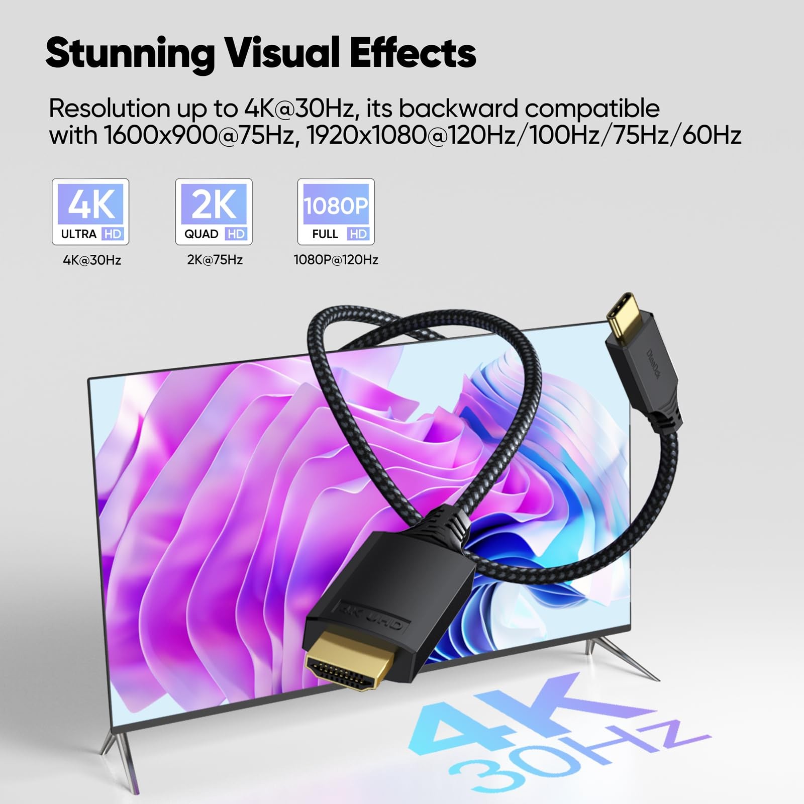 DteeDck USB C to HDMI Cable 10ft Long, 4K@30Hz 1080P@120Hz 10 Feet, Black