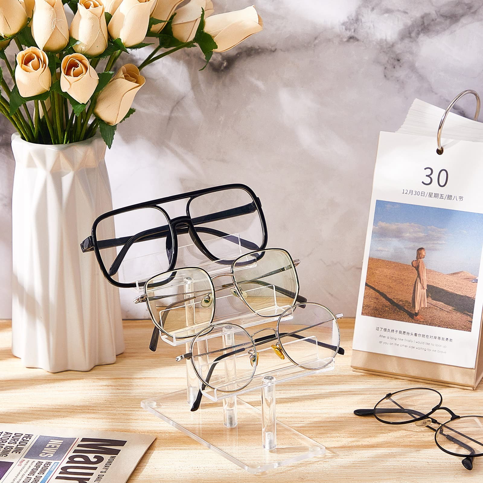 Sintuff 4 Pcs 3 Tier Acrylic Sunglasses Rack, Eyeglasses Stand, Clear