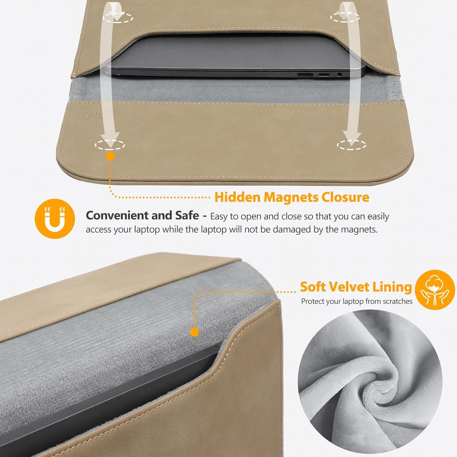 Khaki Faux Suede Laptop Sleeve 15-16 Inch for MacBook Pro 16/15 & XPS 15 with Ba