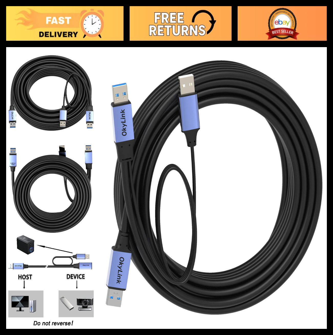 32ft USB 3.0 Male to Male Data Cable, 5Gbps High-Speed, Power Cable & Repeater