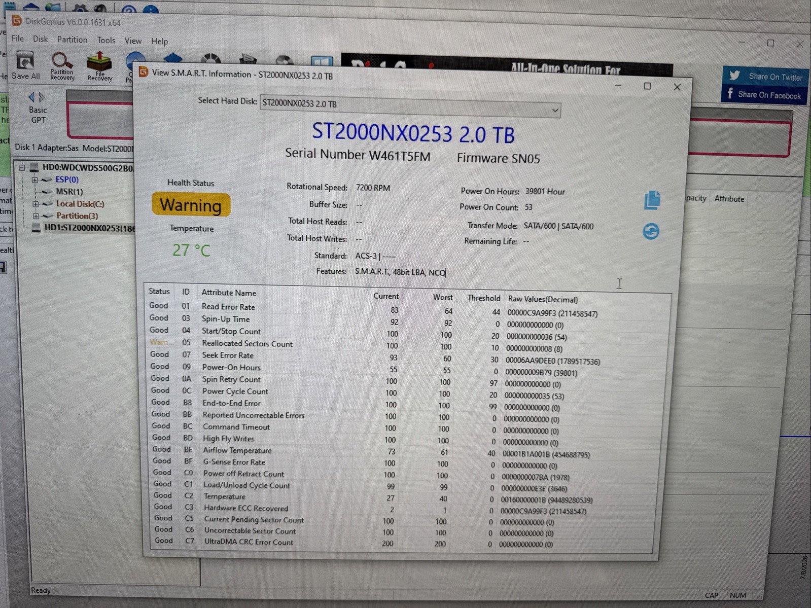 X3 EXOS Enterprise 7E2000 2TB 2.5″ SATA Hard Drive ST2000NX025 92%-27%-9% Health