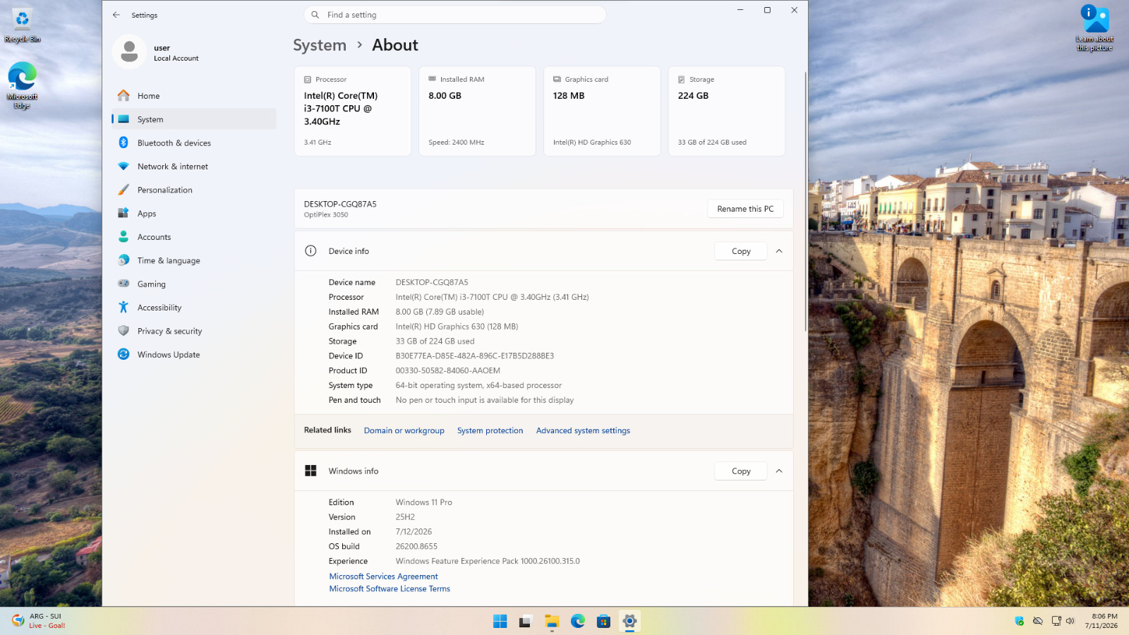 Dell Optiplex 3050 Intel Core i3-7100T 8GB DDR4 240GB SSD Win11Pro