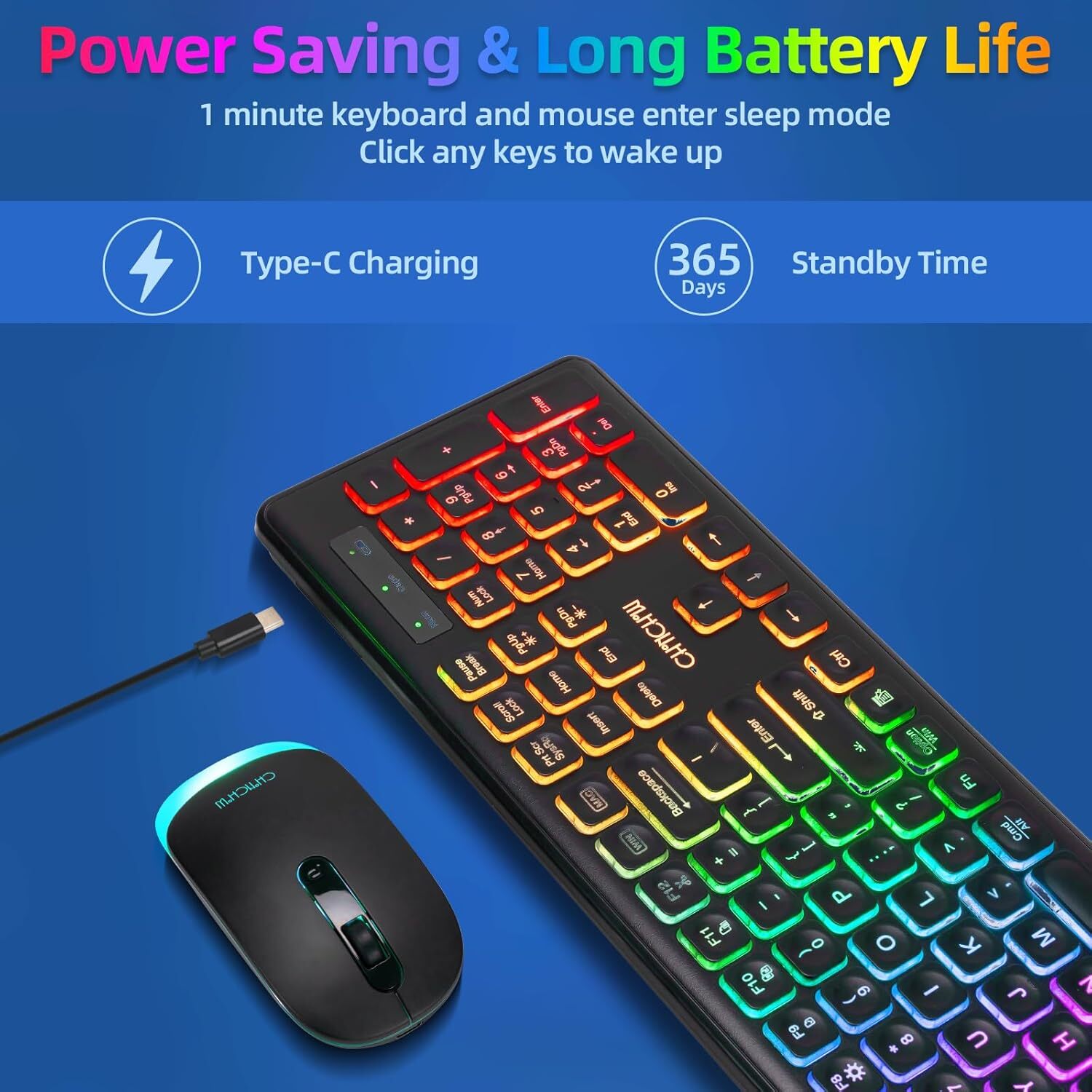 Wireless Keyboard Mouse Combo RGB LED Silent Rechargeable 2.4GHz for PC Mac PS5