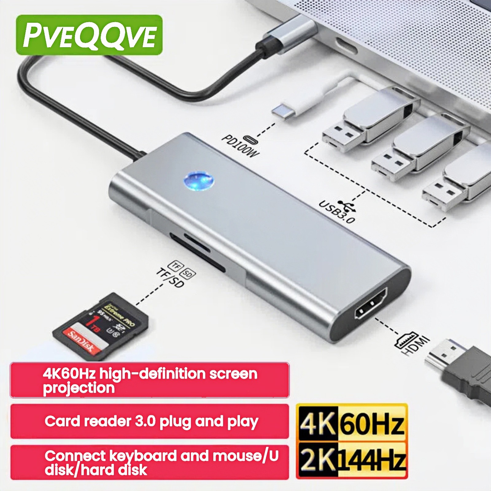 7 in 1 USB C Hub HDMI USB 3.0 5Gbps ,Type C to 4k HDMI PD 100W For Macbook ipad